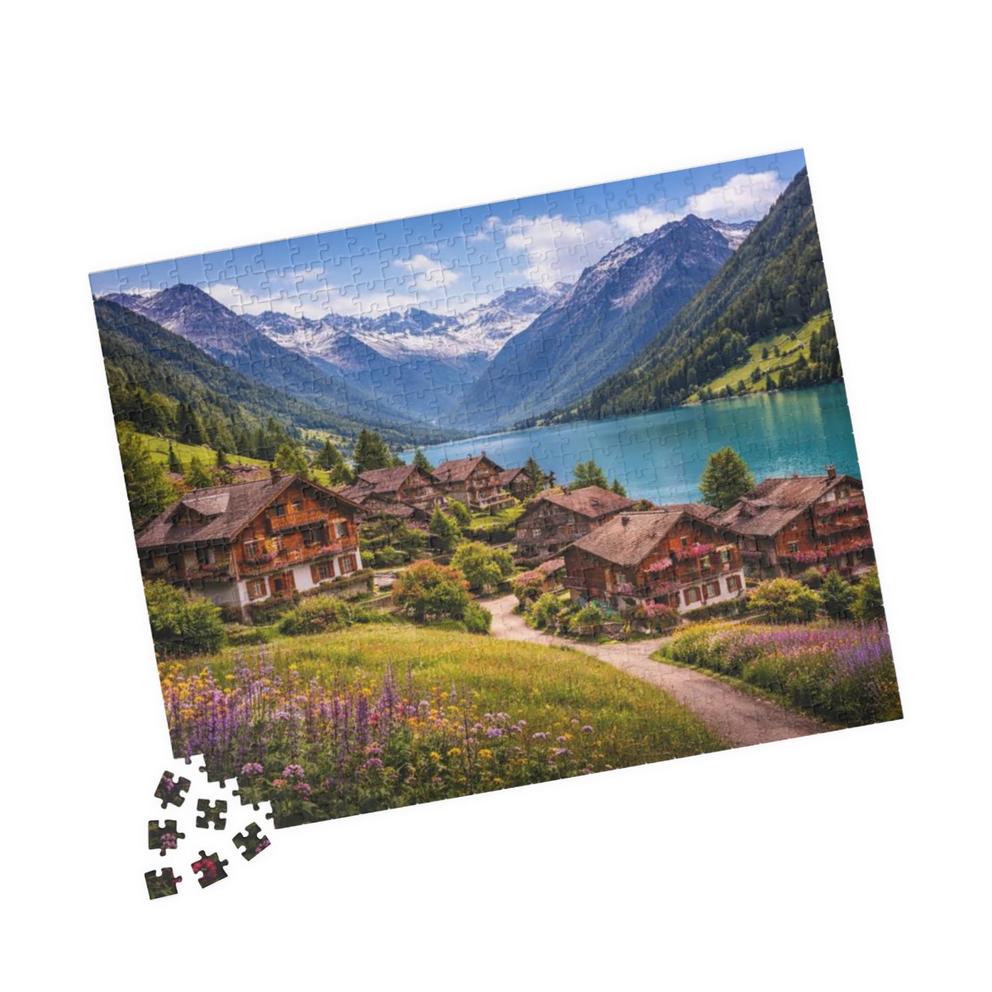 Scenic Alpine Lakeside Village Jigsaw Puzzle — 110/252/520/1014 pcs