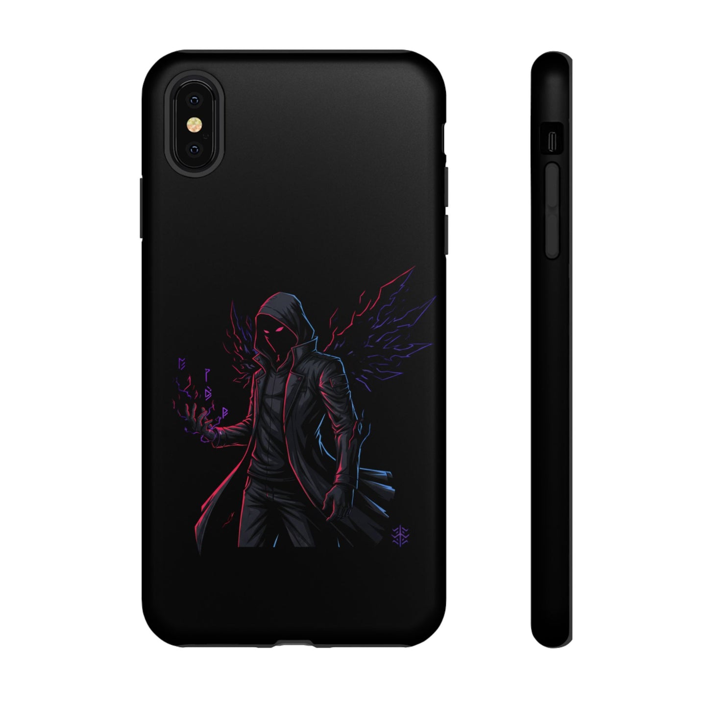 Dark Hoodie Shadow Warrior Phone Case – Protective Tough Case with Neon Winged Grim Reaper Design