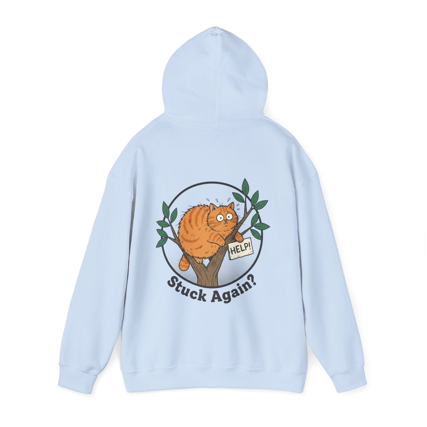 'Stuck Again?' Cat Hoodie — Funny Orange Cat in Tree Sweatshirt