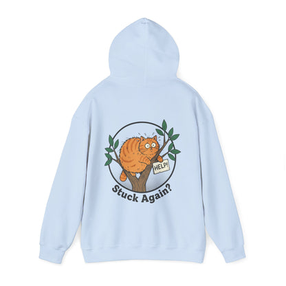 'Stuck Again?' Cat Hoodie — Funny Orange Cat in Tree Sweatshirt