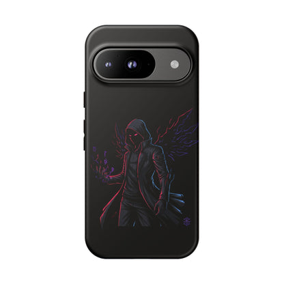 Dark Hoodie Shadow Warrior Phone Case – Protective Tough Case with Neon Winged Grim Reaper Design