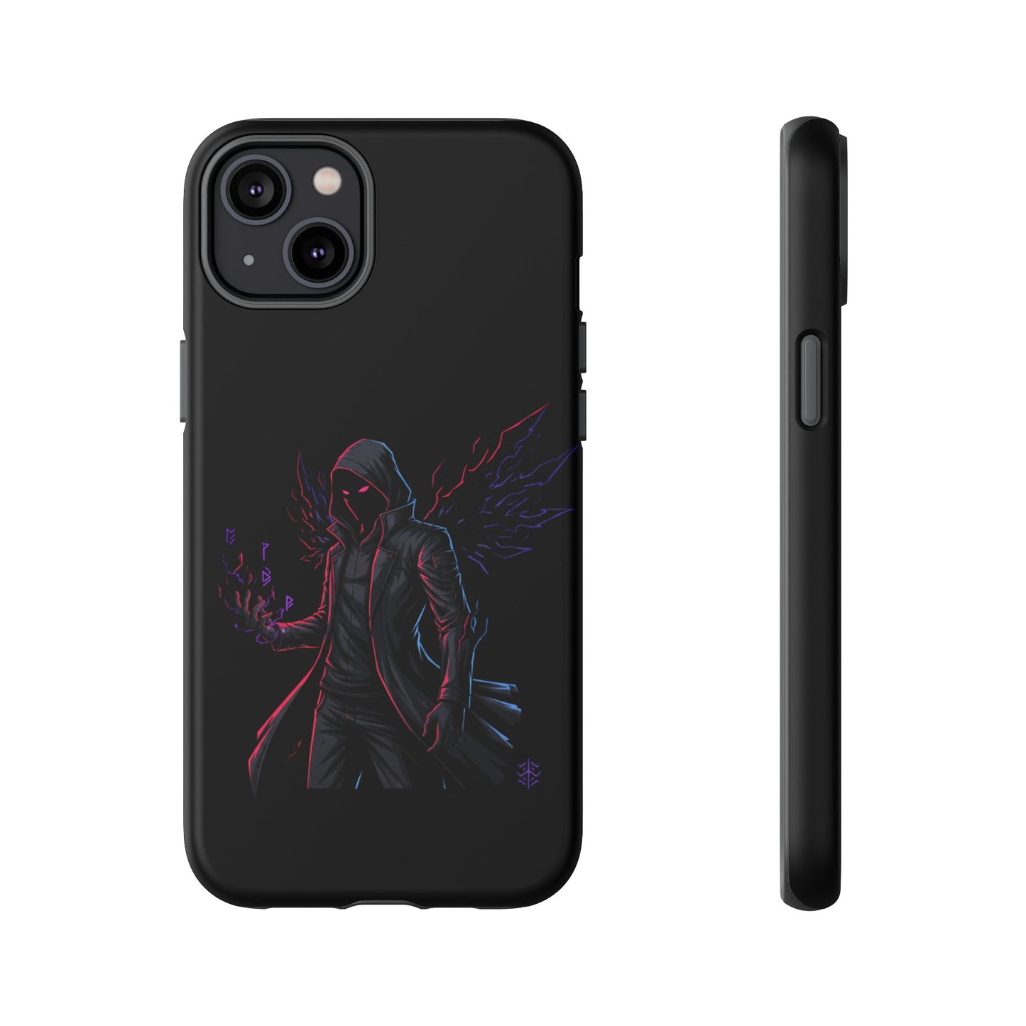 Dark Hoodie Shadow Warrior Phone Case – Protective Tough Case with Neon Winged Grim Reaper Design