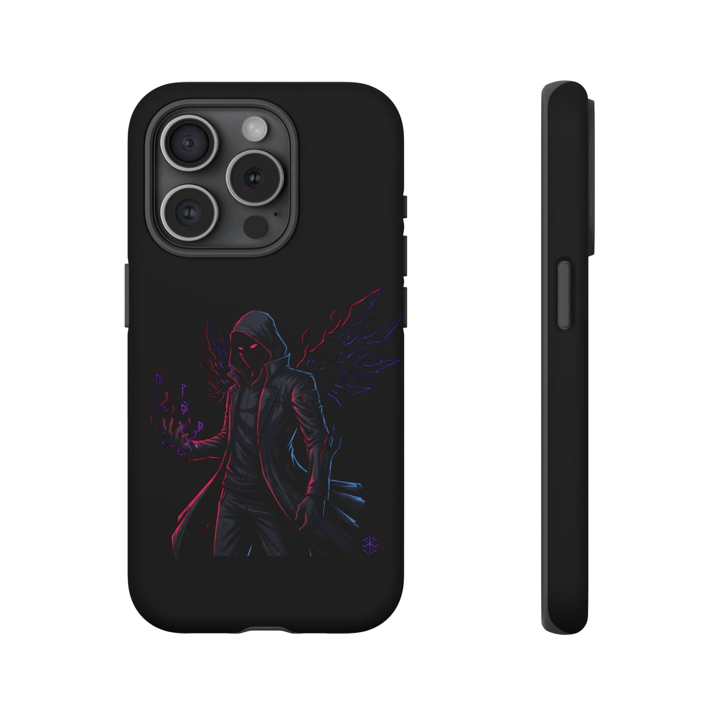 Dark Hoodie Shadow Warrior Phone Case – Protective Tough Case with Neon Winged Grim Reaper Design