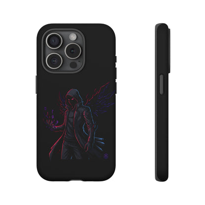 Dark Hoodie Shadow Warrior Phone Case – Protective Tough Case with Neon Winged Grim Reaper Design