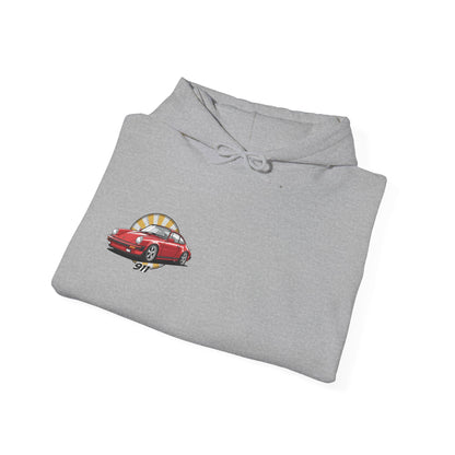 Porsche 911 Red Sports Car Hoodie — Retro Sunrise Racing Graphic