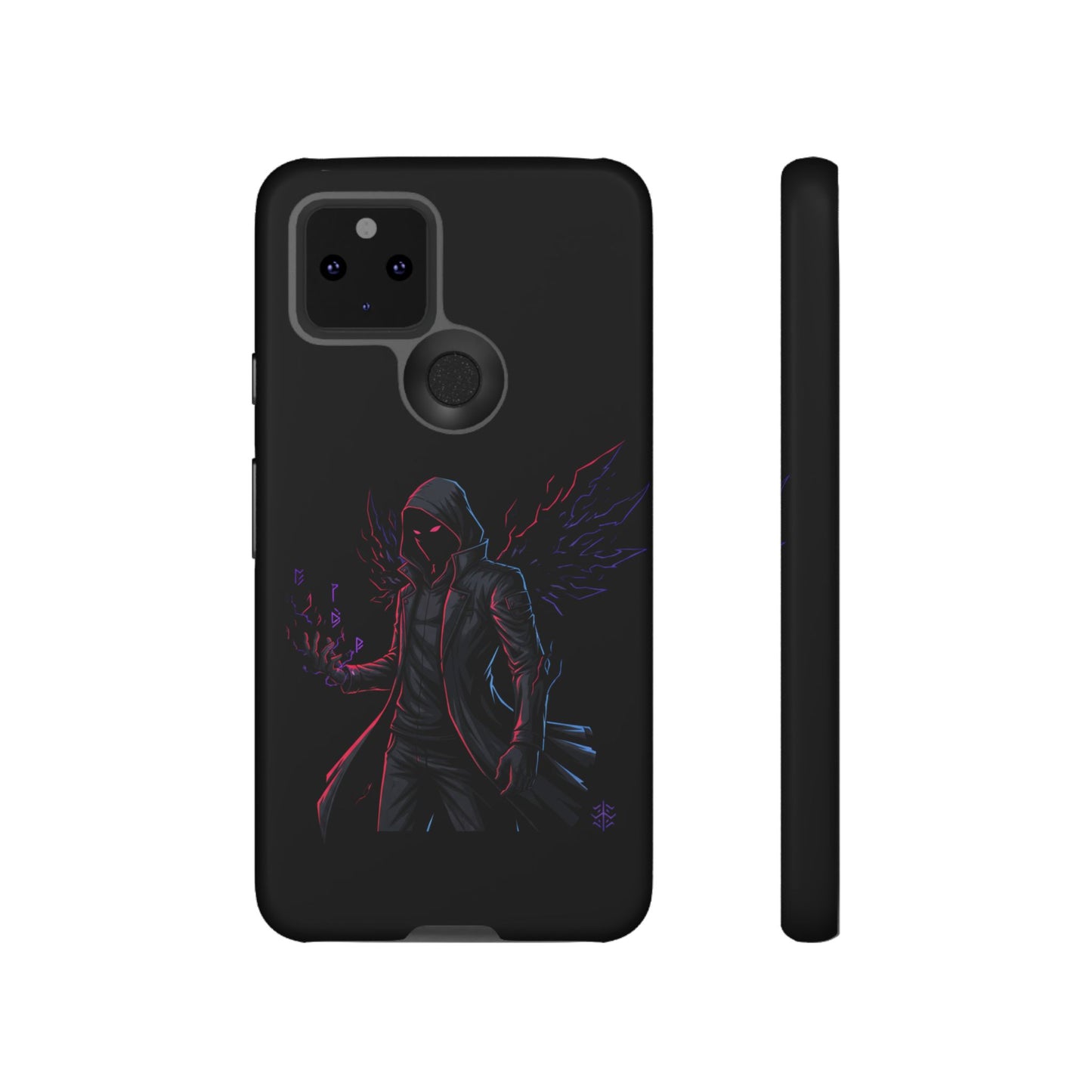 Dark Hoodie Shadow Warrior Phone Case – Protective Tough Case with Neon Winged Grim Reaper Design