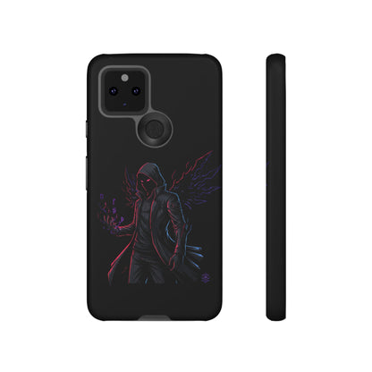 Dark Hoodie Shadow Warrior Phone Case – Protective Tough Case with Neon Winged Grim Reaper Design