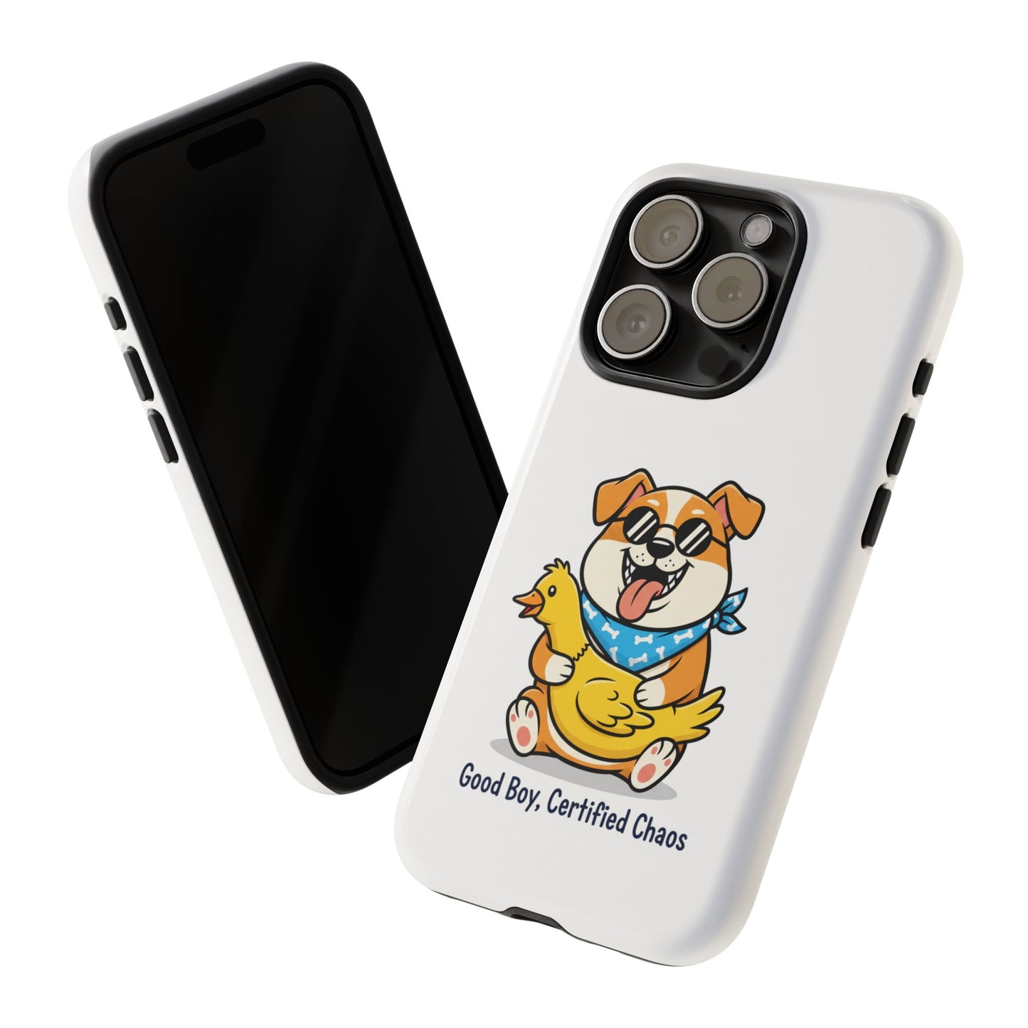 Phone Case — 'Good Boy, Certified Chaos' Cute Dog Holding Duck Design