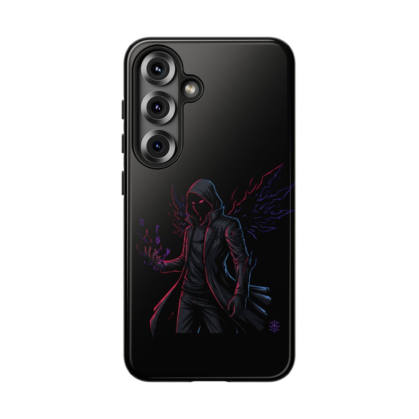 Dark Hoodie Shadow Warrior Phone Case – Protective Tough Case with Neon Winged Grim Reaper Design