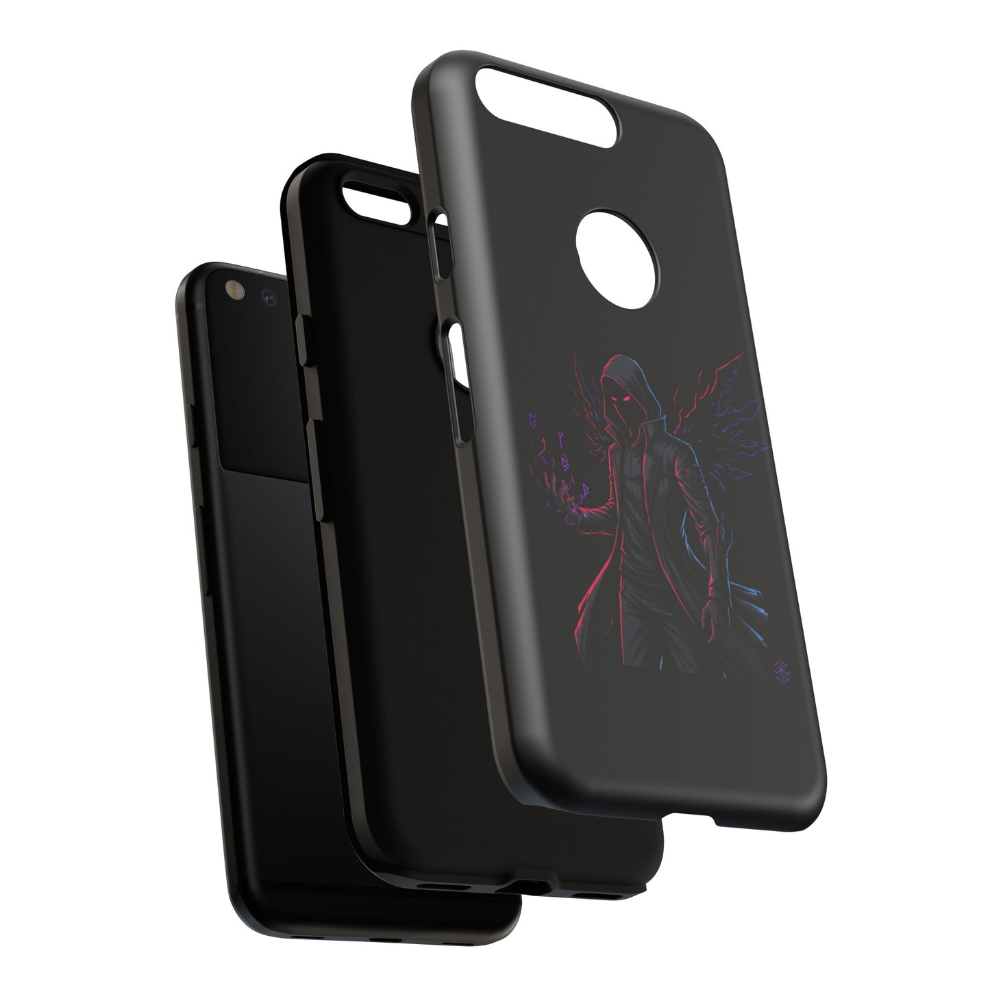 Dark Hoodie Shadow Warrior Phone Case – Protective Tough Case with Neon Winged Grim Reaper Design