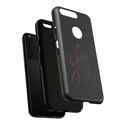 Dark Hoodie Shadow Warrior Phone Case – Protective Tough Case with Neon Winged Grim Reaper Design