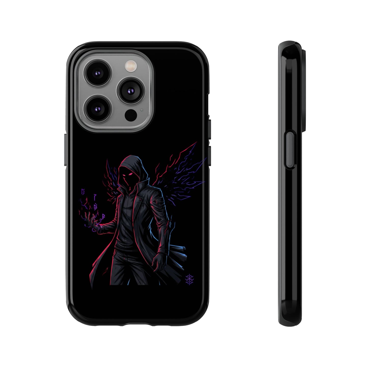 Dark Hoodie Shadow Warrior Phone Case – Protective Tough Case with Neon Winged Grim Reaper Design