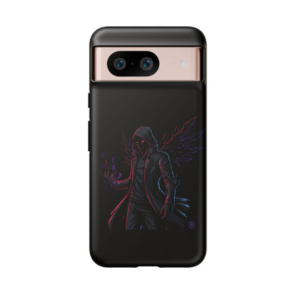 Dark Hoodie Shadow Warrior Phone Case – Protective Tough Case with Neon Winged Grim Reaper Design