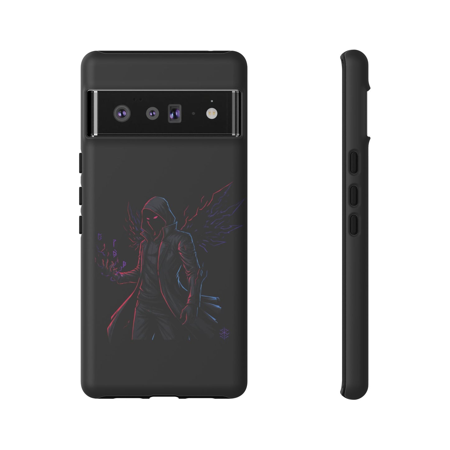 Dark Hoodie Shadow Warrior Phone Case – Protective Tough Case with Neon Winged Grim Reaper Design