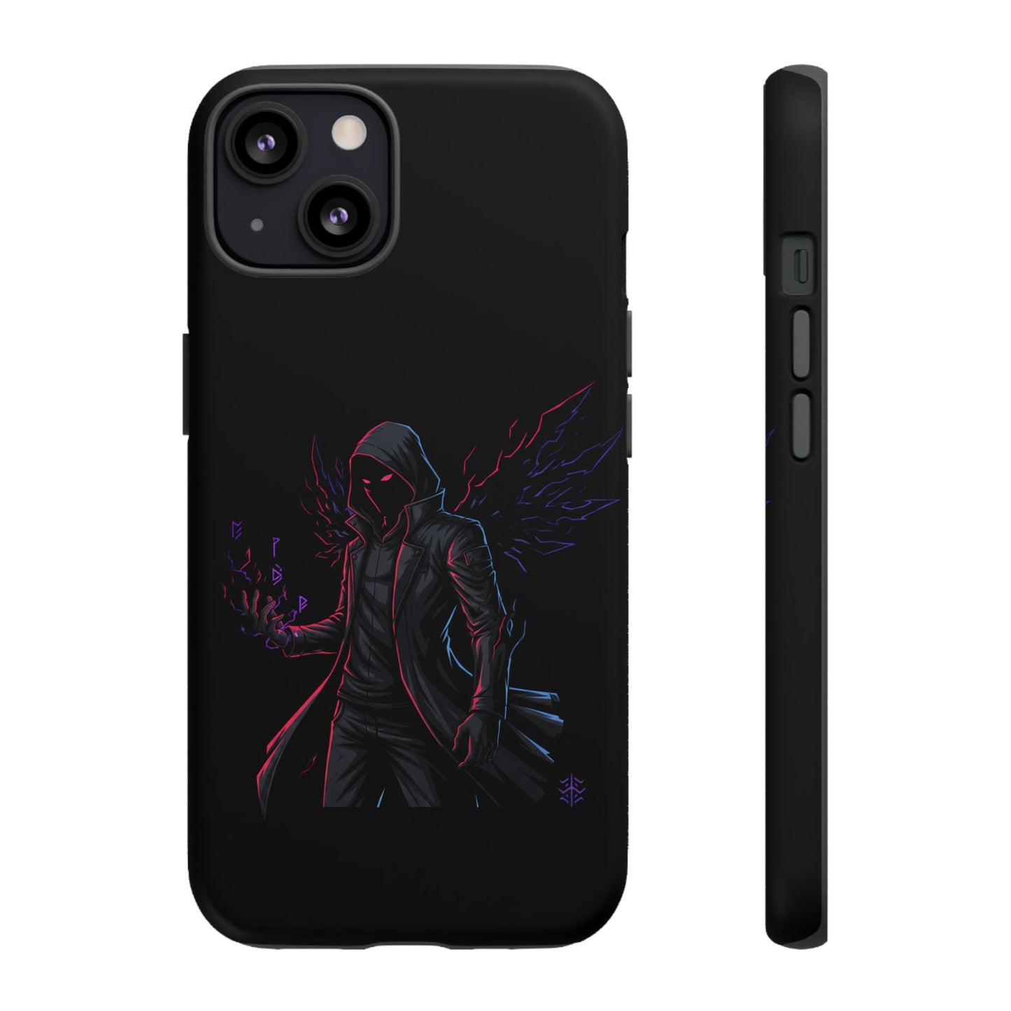 Dark Hoodie Shadow Warrior Phone Case – Protective Tough Case with Neon Winged Grim Reaper Design