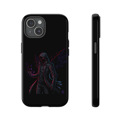Dark Hoodie Shadow Warrior Phone Case – Protective Tough Case with Neon Winged Grim Reaper Design