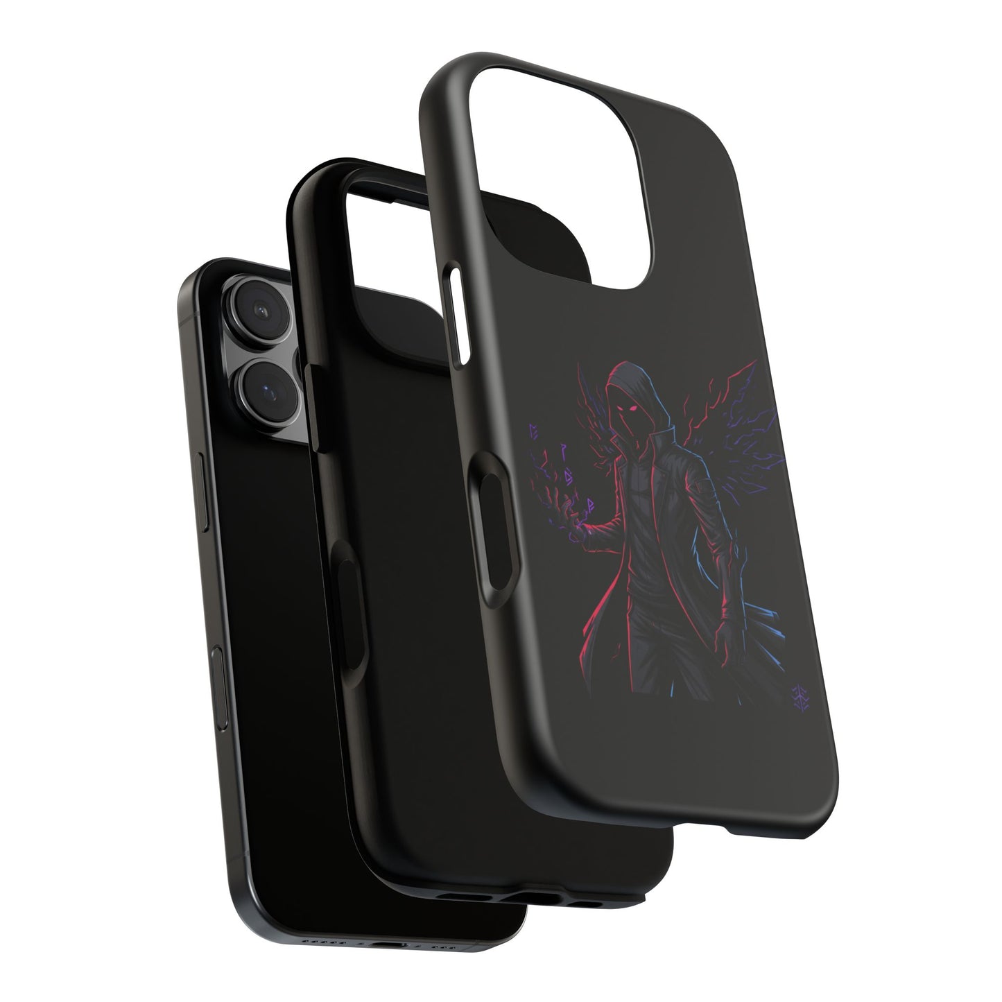 Dark Hoodie Shadow Warrior Phone Case – Protective Tough Case with Neon Winged Grim Reaper Design
