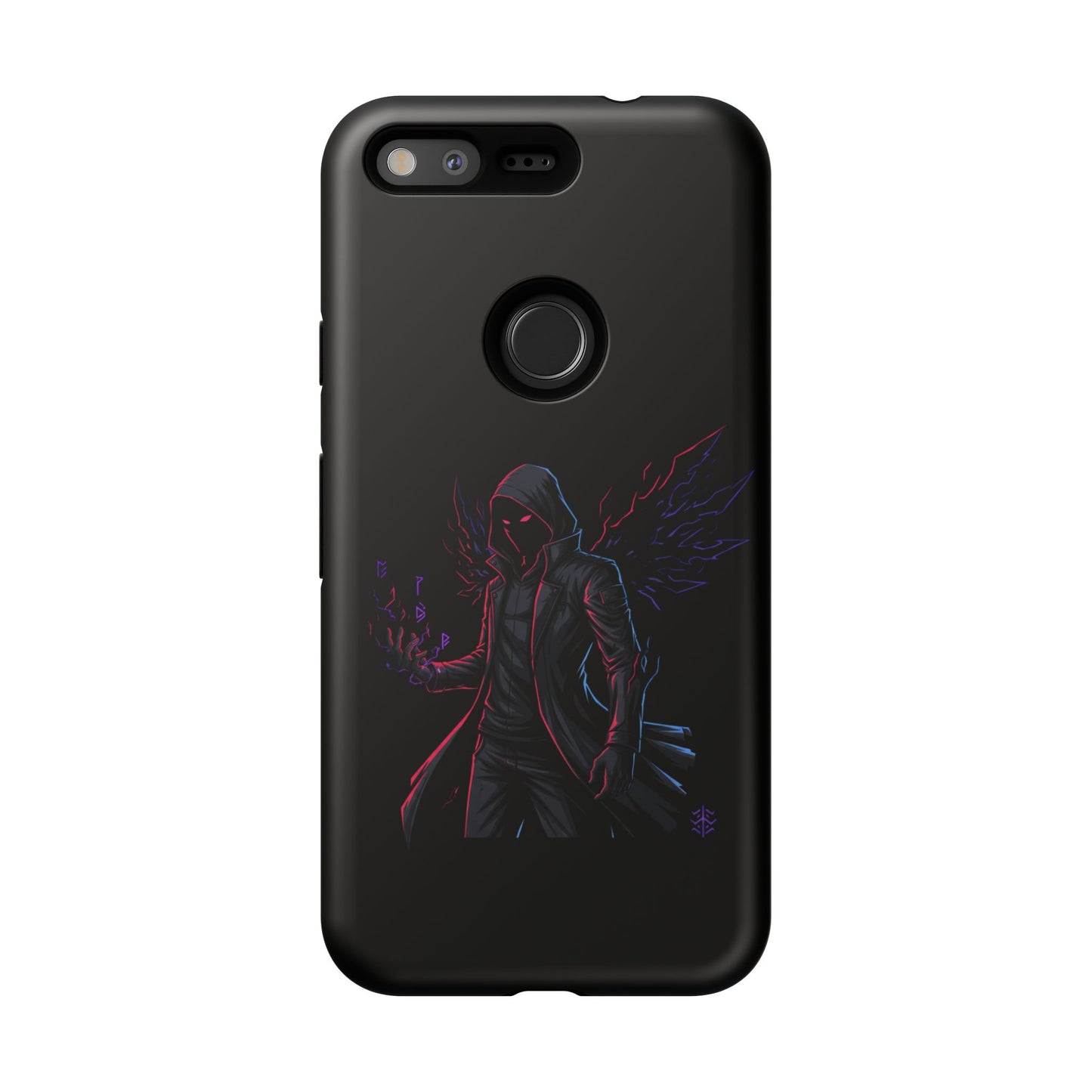 Dark Hoodie Shadow Warrior Phone Case – Protective Tough Case with Neon Winged Grim Reaper Design