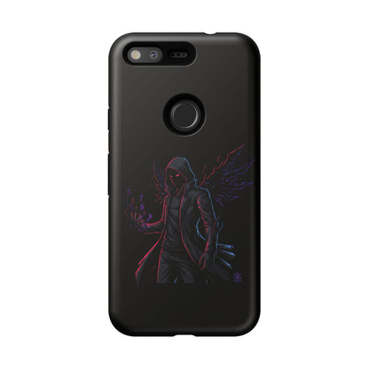 Dark Hoodie Shadow Warrior Phone Case – Protective Tough Case with Neon Winged Grim Reaper Design