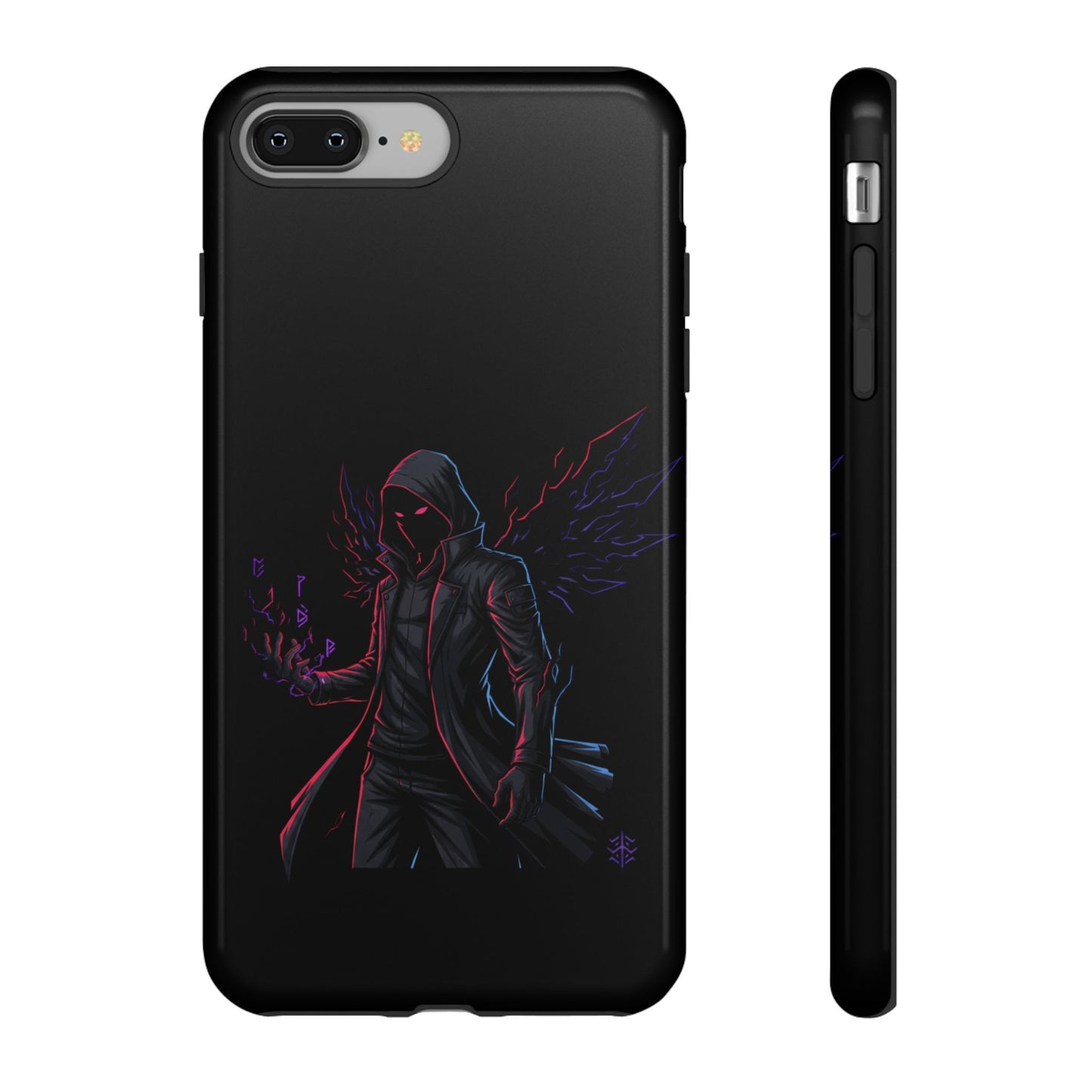Dark Hoodie Shadow Warrior Phone Case – Protective Tough Case with Neon Winged Grim Reaper Design