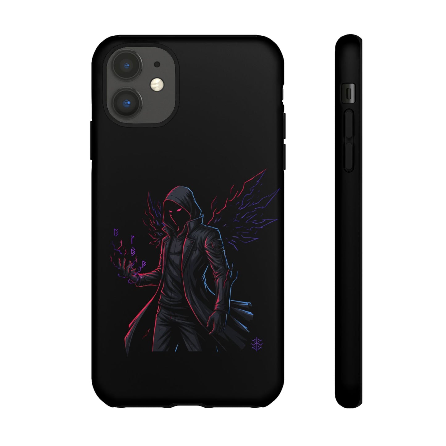 Dark Hoodie Shadow Warrior Phone Case – Protective Tough Case with Neon Winged Grim Reaper Design