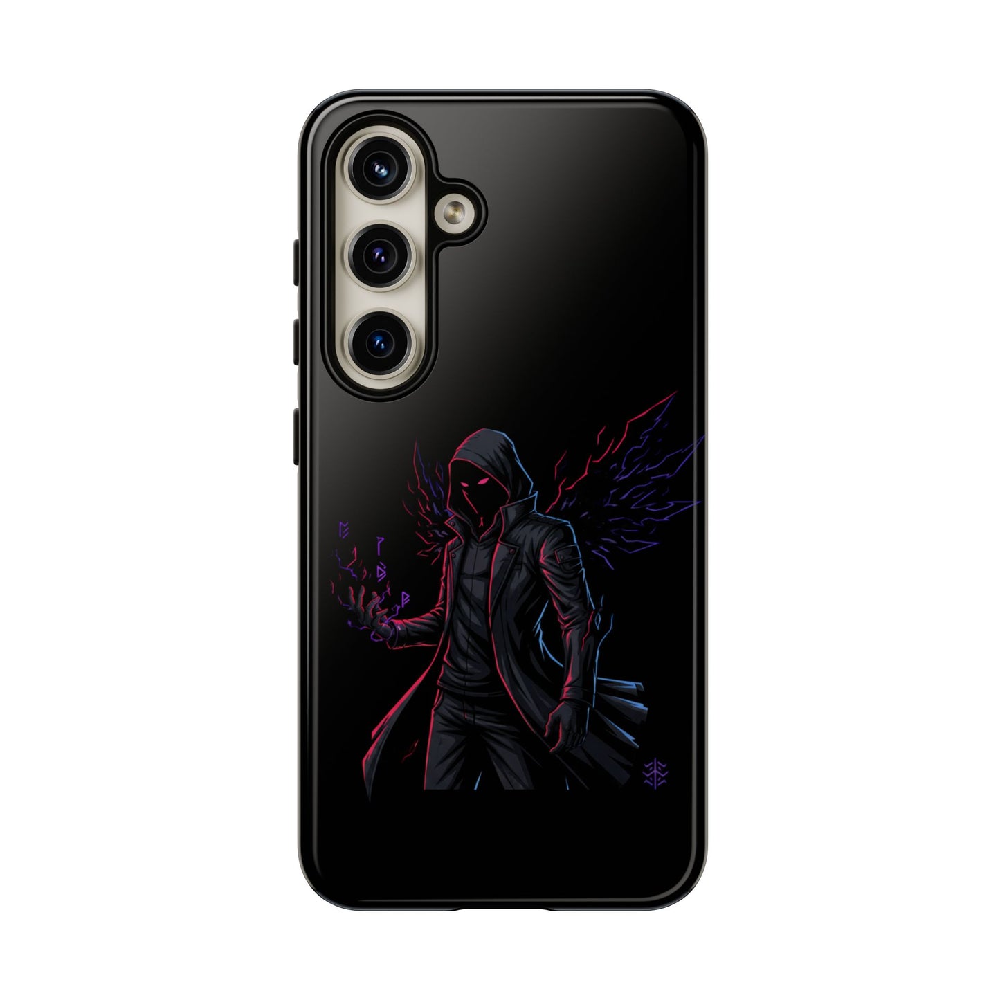 Dark Hoodie Shadow Warrior Phone Case – Protective Tough Case with Neon Winged Grim Reaper Design