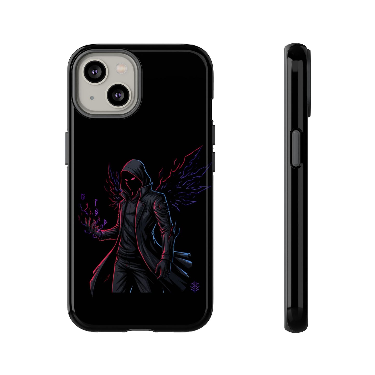Dark Hoodie Shadow Warrior Phone Case – Protective Tough Case with Neon Winged Grim Reaper Design